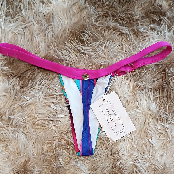 Calcinha Basic Bronze 6 Com Regulagem - Frente Menor - Listrado Tons Azuis + Rosa Choque