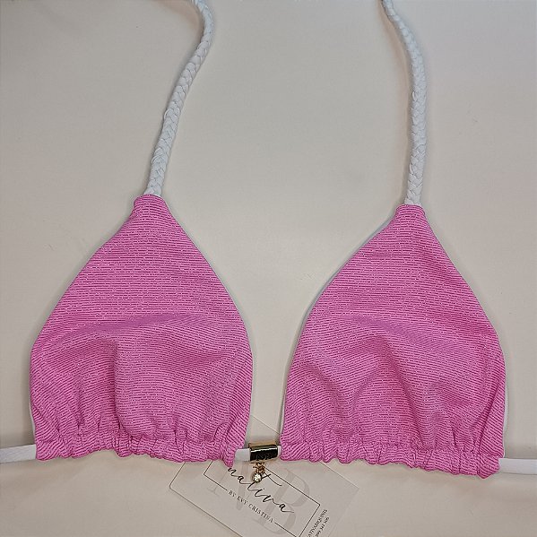 Top Duo Trançado sem bojo - Shine - Rosa Chiclete + Branco Liso