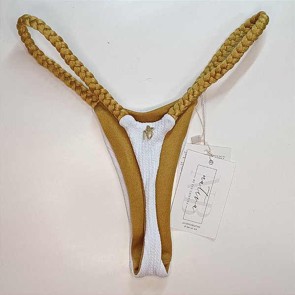 Calcinha Trançada Duo 6 - Fixa - Deusas Gregas - Branco Texturizado + Dourado Glow