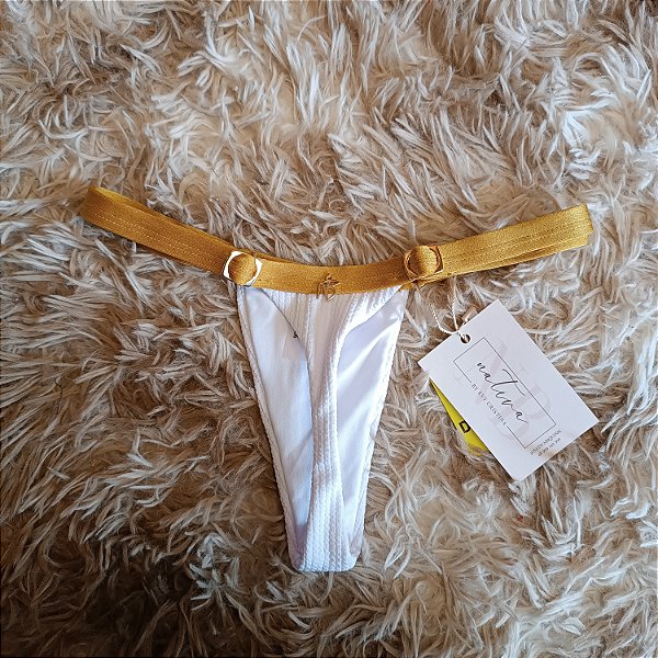 Calcinha Bronze 1 - Frente Menor - Cós Fixo - Branco Texturizado + Dourado Glow - Deusas Gregas