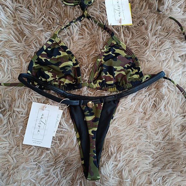 Conjunto - Top micro + calcinha bronze 5 frente maior  - Militar com preto cirrê