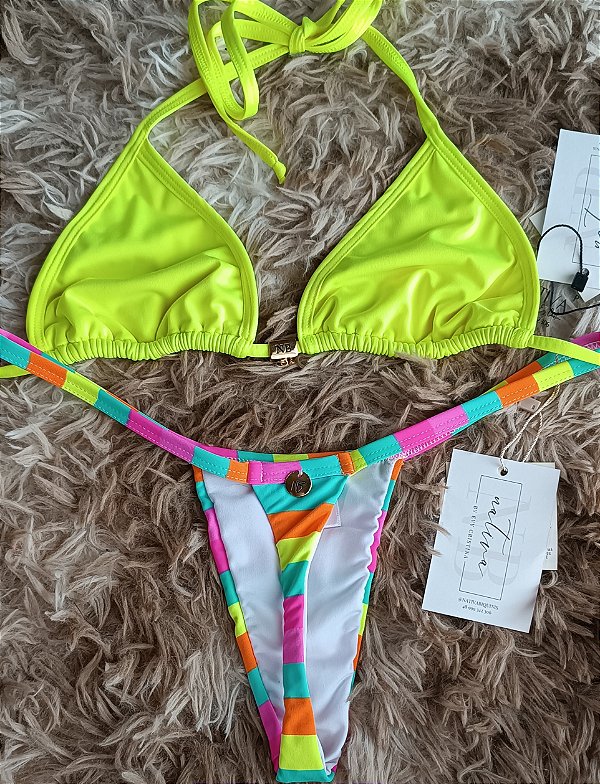 Conjunto - Top Basic com Bojo Removível + Bronze 6 - Listrado neon + amarelo neon ( tonalidade diferente)