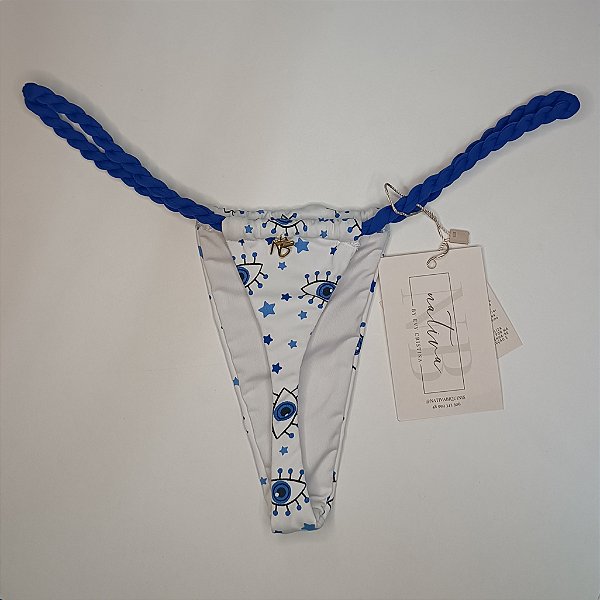 Calcinha Cortininha Cós Torcido Super Fio 21 - Olhinhos + Azul Royal Liso