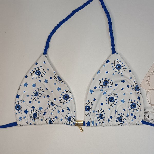 Top Cortininha Com Bojo Removível e Alças torcidas - Olhinhos + Azul Royal Liso