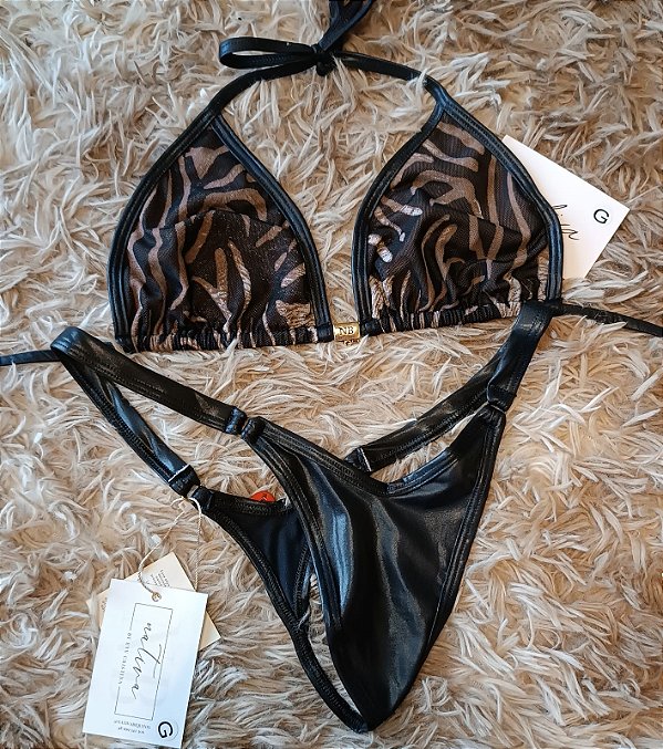 Conjunto - Top Basic Sem bojo ( Tule Tigresa Forrado) + Calcinha Micro 7 (Preto Cirre)