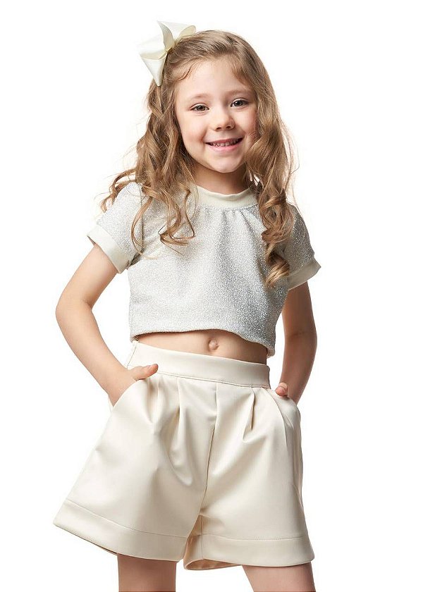 Top Cropped Metalizado Prata M/c Kids