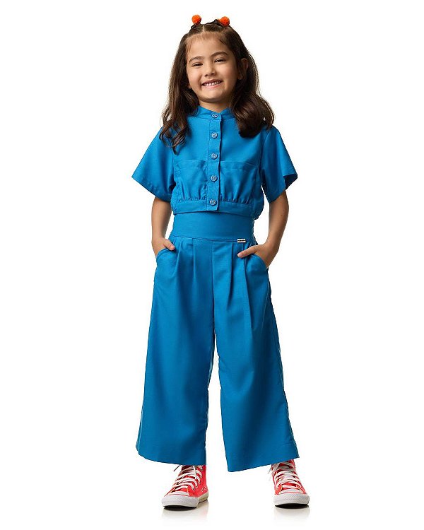 Conjunto Pantacourt E Camisa Cropped Azul