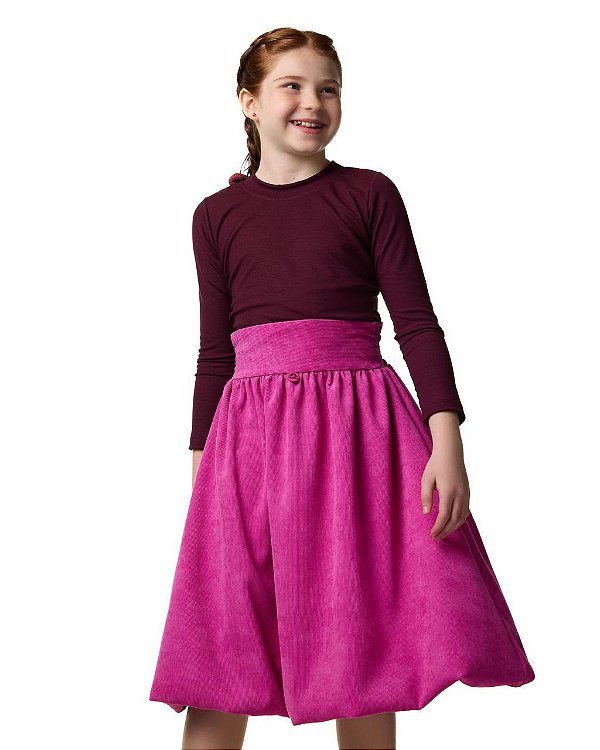 Saia Midi Bubble Cotelê Pink Teen