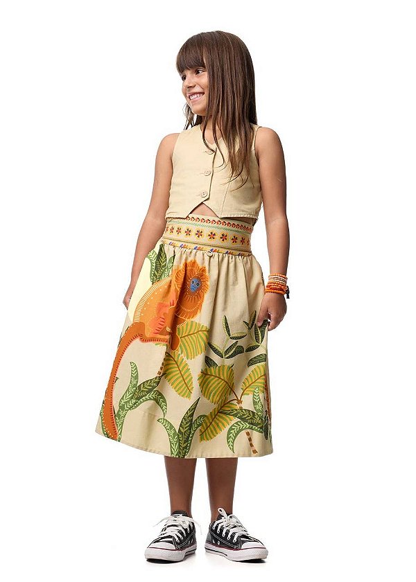 Conjunto Saia Midi Com Colete Mico Leão Dourado