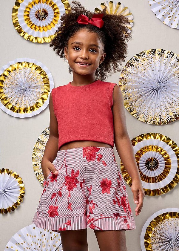 Shorts Bordado Com Top Vermelho