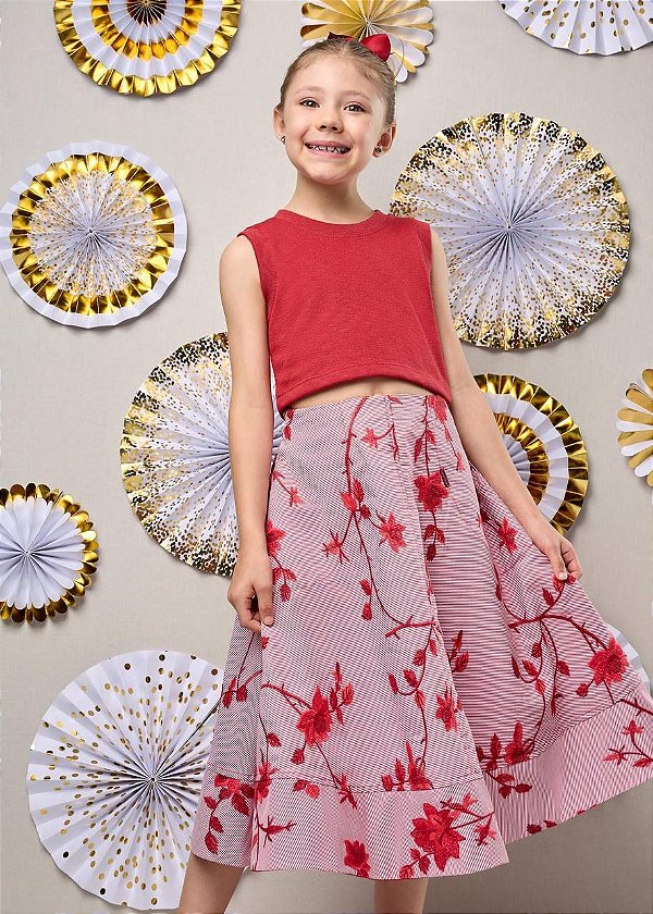 Saia Midi Bordada Com Top Vermelho