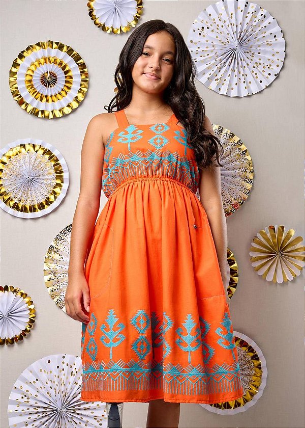 Vestido Laranja Bordado Corais