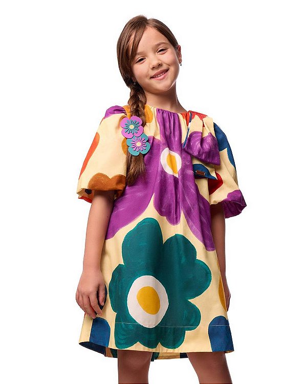 Vestido Curto Maxi Flor Coloridas Com Mangas E Laços Kids