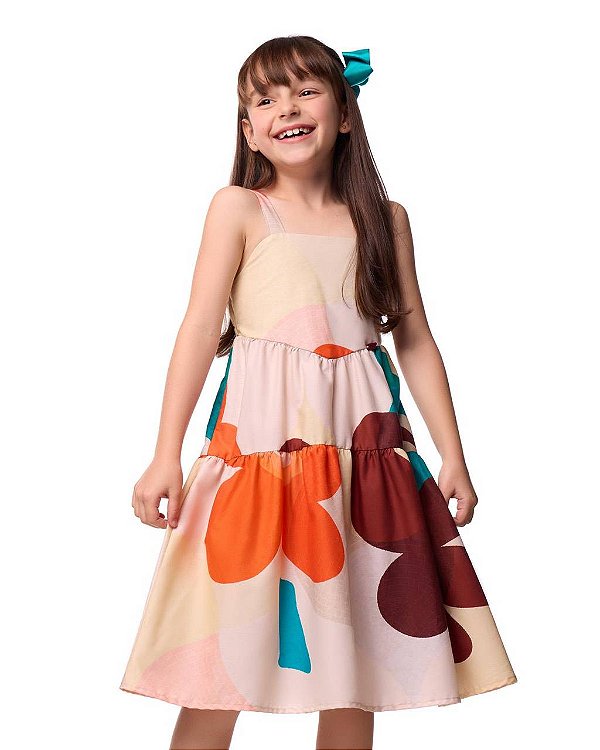 Vestido Alças Mosaico Maxi Flor Turquesa Teen