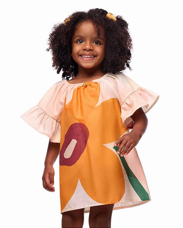 Vestido Mosaico Maxi Flor Laranja