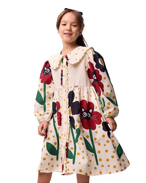 Vestido Flores E Bolas M/l