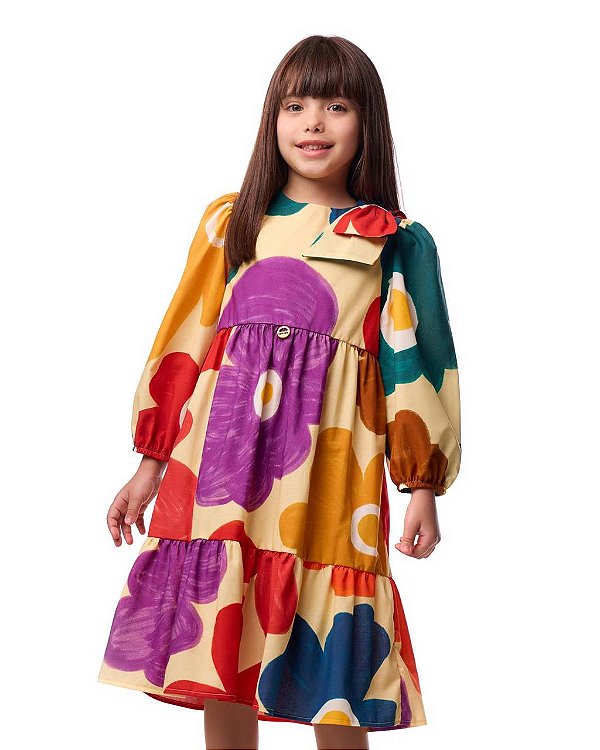 Vestido Maxi Flores Coloridas Com Mangas Longas