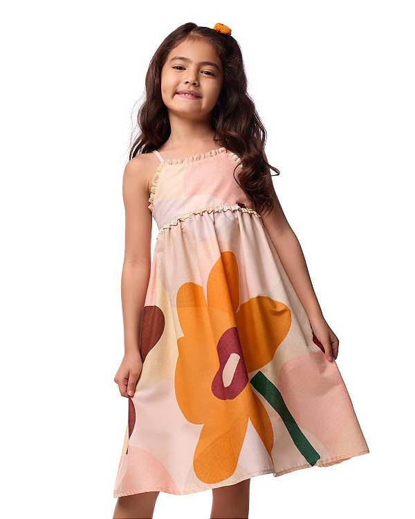 Vestido Em Tricoline Alças Maxi Flor Laranja Teen