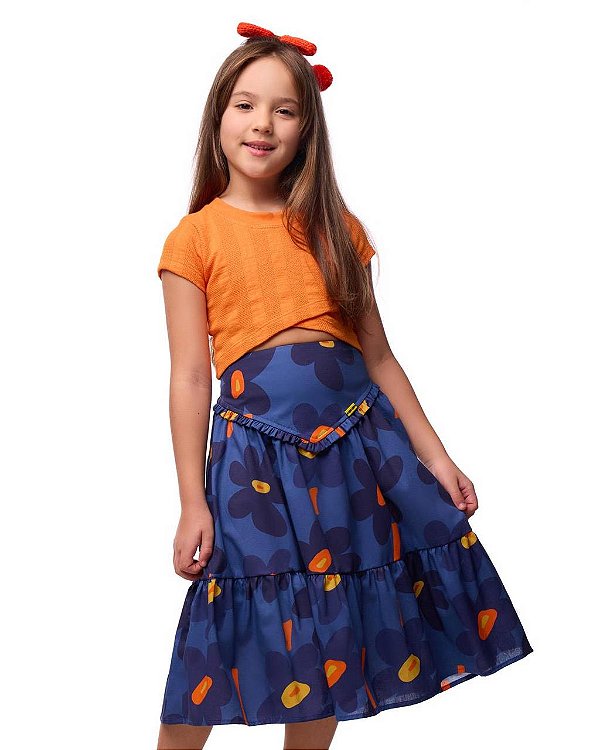 Saia Midi Margaridas Azuis Kids