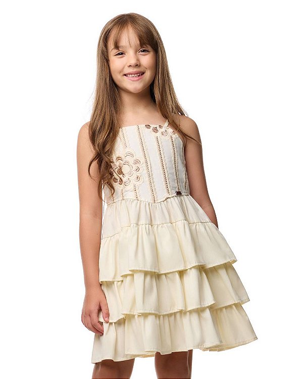 Vestido Curto Bordado Com Camada De Babados