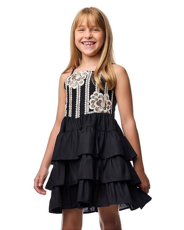 Vestido Curto Bordado Com Camada De Babados