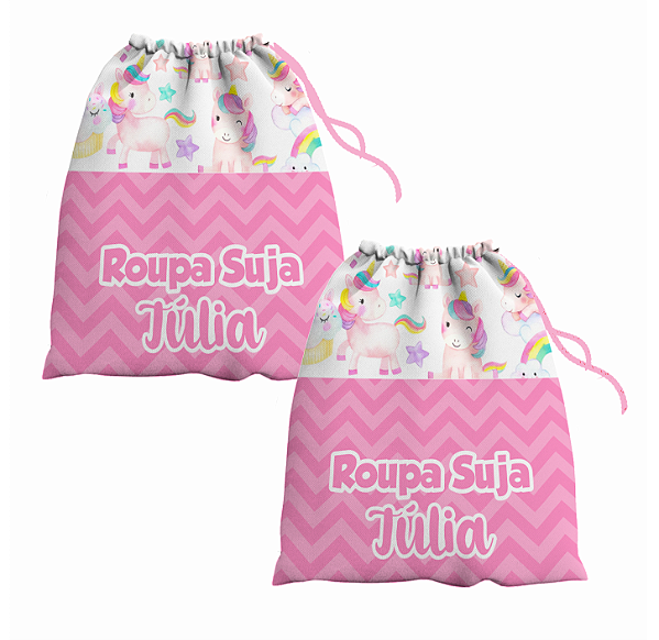 Kit Saco de Roupa Suja e Roupa Limpa com nome tema Unicórnio 30x40