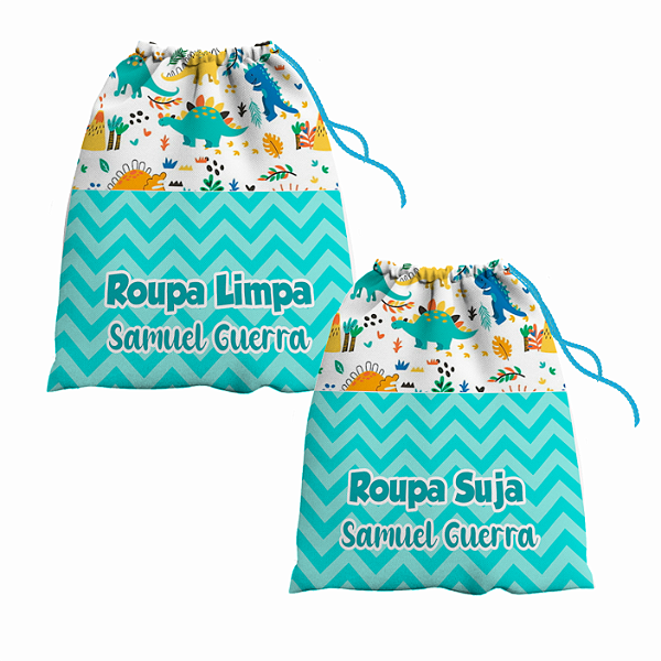 Kit Saco de Roupa Suja e Roupa Limpa com nome tema Dinossauro Baby 30x40