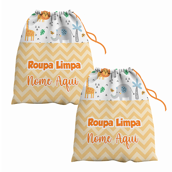 Kit Saco de Roupa Suja e Roupa Limpa com nome tema Safari 30x40