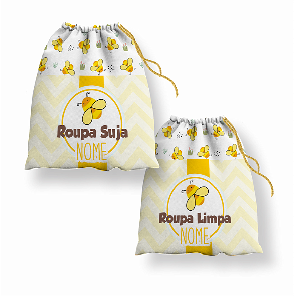 Kit Saco de Roupa Suja e Roupa Limpa com nome tema Abelhinha 30x40