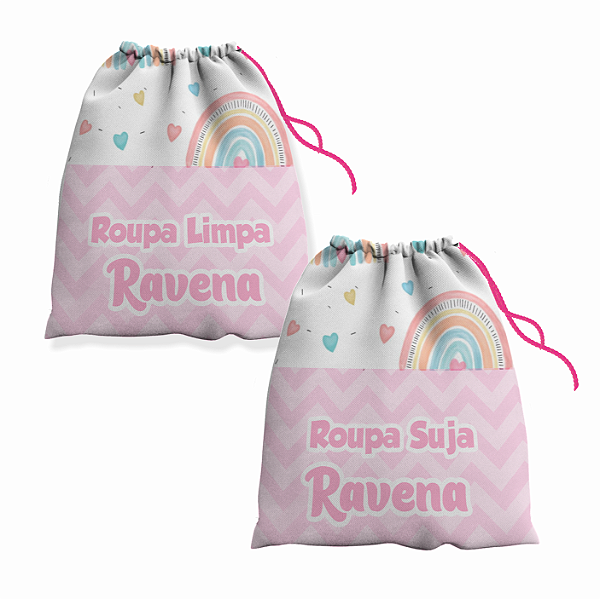 Kit Saco de Roupa Suja e Roupa Limpa com nome tema Arco Iris 30x40