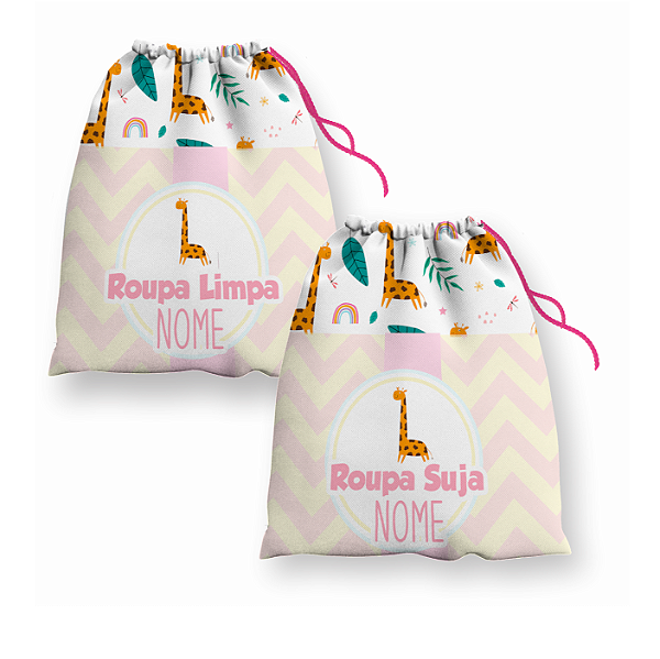 Kit Saco de Roupa Suja e Roupa Limpa com nome tema Girafa Girafinha Rosa 30x40
