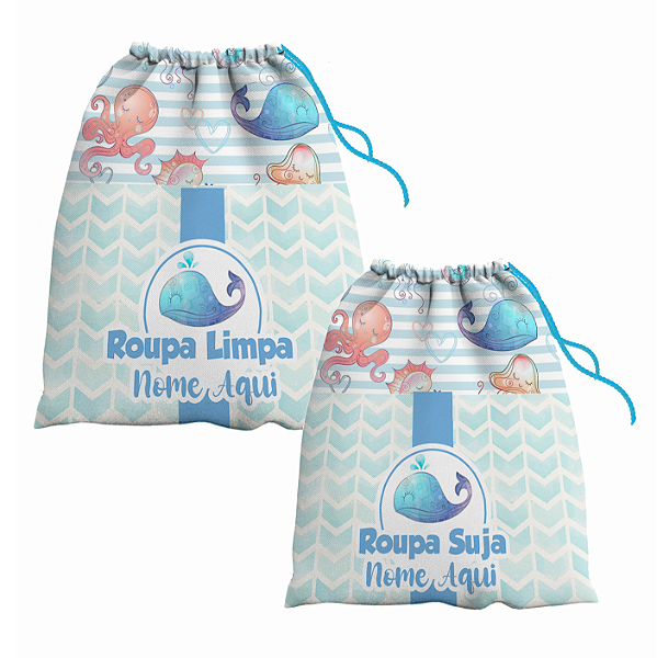 Kit Saco de Roupa Suja e Roupa Limpa com nome tema Fundo do Mar 30x40