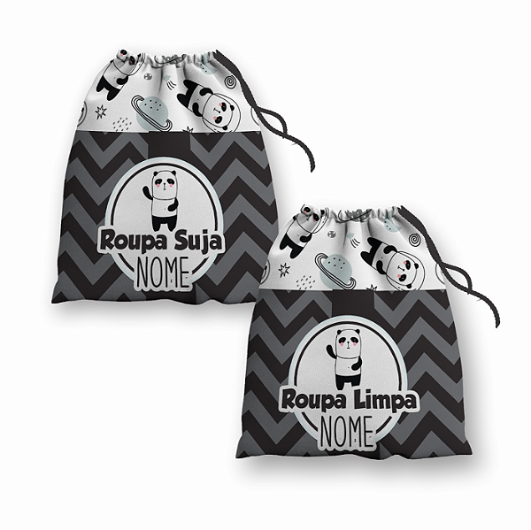 Kit Saco de Roupa Suja e Roupa Limpa com nome tema Panda 30x40