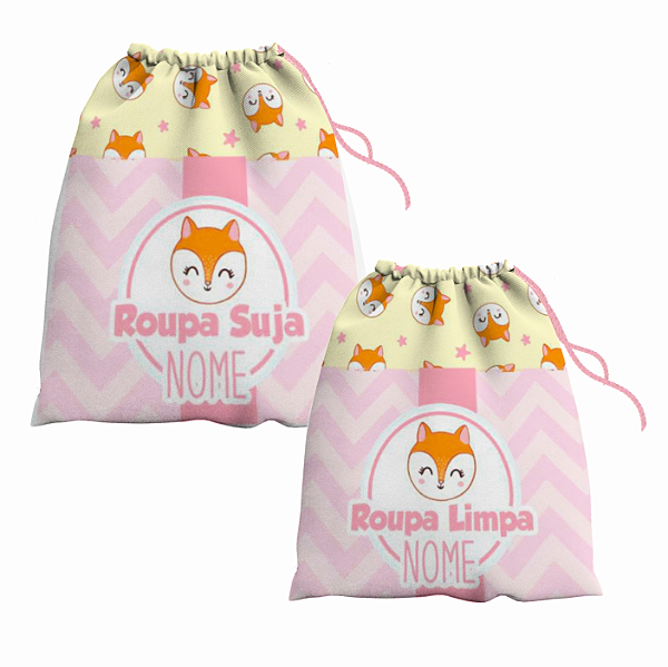 Kit Saco de Roupa Suja e Roupa Limpa com nome tema Raposinha 30x40