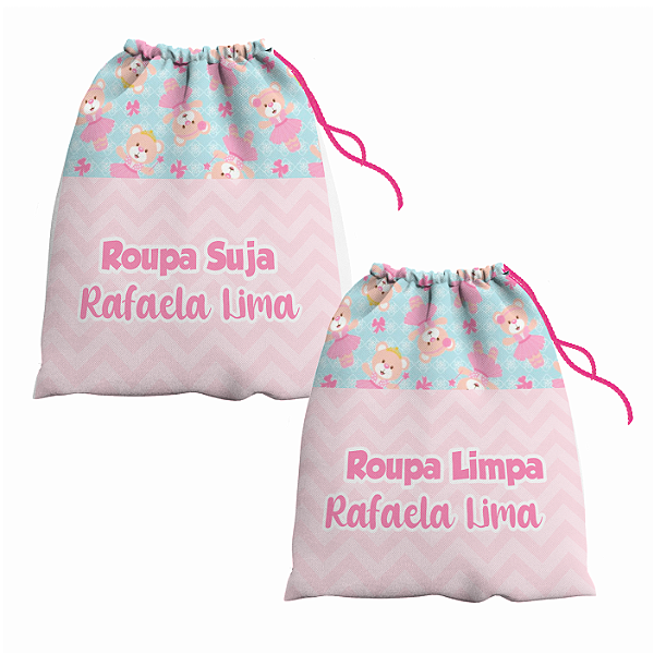 Kit Saco de Roupa Suja e Roupa Limpa com nome tema Ursinha 30x40