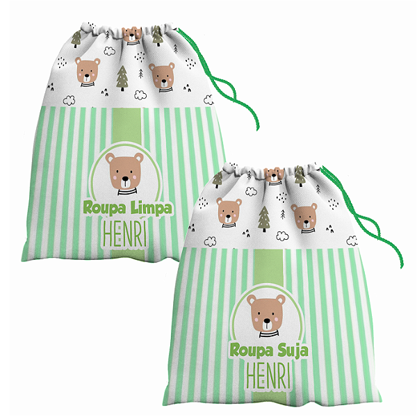 Kit Saco de Roupa Suja e Roupa Limpa com nome tema Urso 30x40