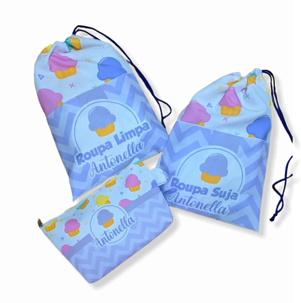 Kit Saco de Roupa Suja e Roupa Limpa + Necessaire para creche/escola com nome