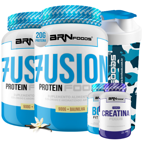 Kit 2x Whey Protein Fusion 900g + BCAA 100g + Creatina 100g + Coqueteleira - BRN Foods