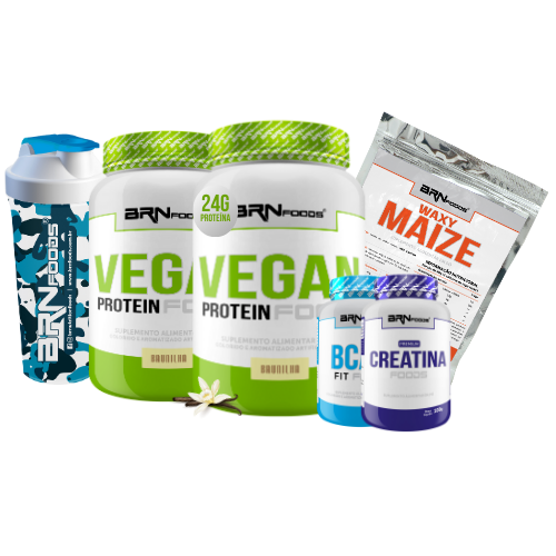 Kit 2x Vegan Protein 500g + Waxy Maize 800g + BCAA 100g + Creatina 100g + Coqueteleira - BRN Foods