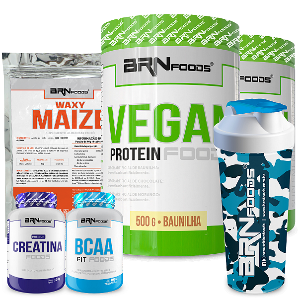 Kit 2x Vegan Protein 500g + Waxy Maize 800g + BCAA 100g + Creatina 100g + Coqueteleira - BRN Foods