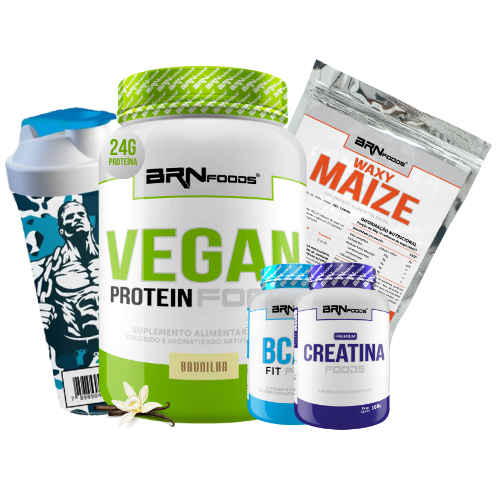 Kit Vegan Protein 500g + Waxy Maize 800g + BCAA 100g + PREMIUM Creatina 100g + Coqueteleira - BRN Foods
