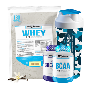 Kit Whey Protein Fit Foods 500g + Premium Creatina 100g + BCAA 100g + Coqueteleira - BRN Foods