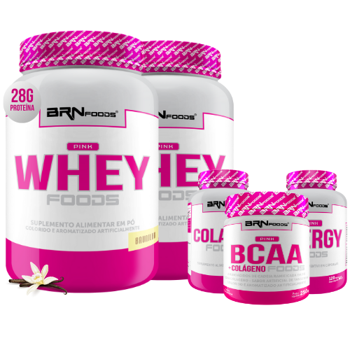Kit 2 Unidades Pink Whey 900g + Pink Energy 60 Cáps + Pink BCAA 250g + Pink Colágeno 100 Cáps BRN Foods