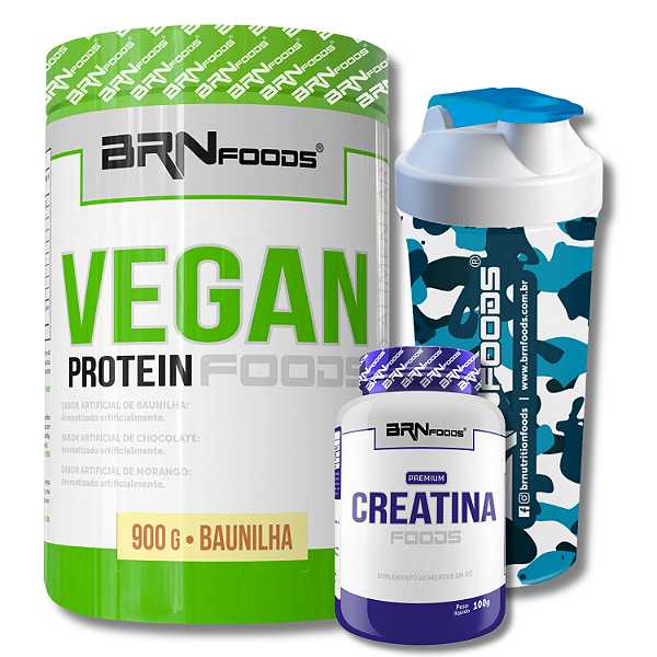 Kit Vegan Protein 900g + Premium Creatina 100g + Coqueteleira BRN Foods