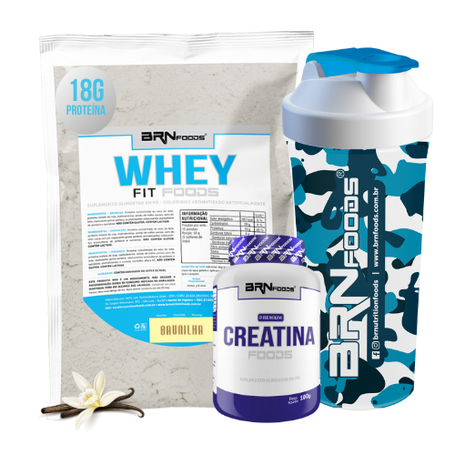 Kit Whey Protein Fit Foods 500g + Premium Creatina 100g + Coqueteleira 600ml - BRN Foods