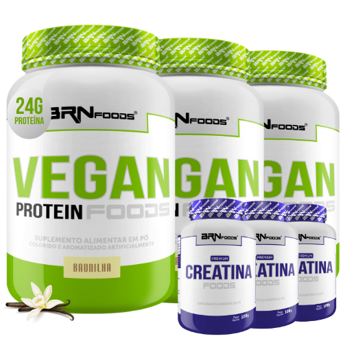 Kit 3x Vegan Protein 2kg + 3x Creatina Premium 100g - BRN Foods