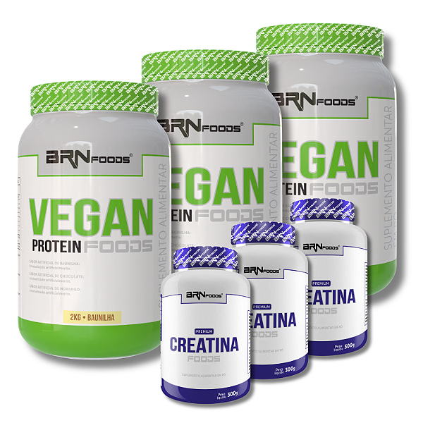 Kit 3x Vegan Protein 2kg + 3x Premium Creatina 300g - BRN Foods