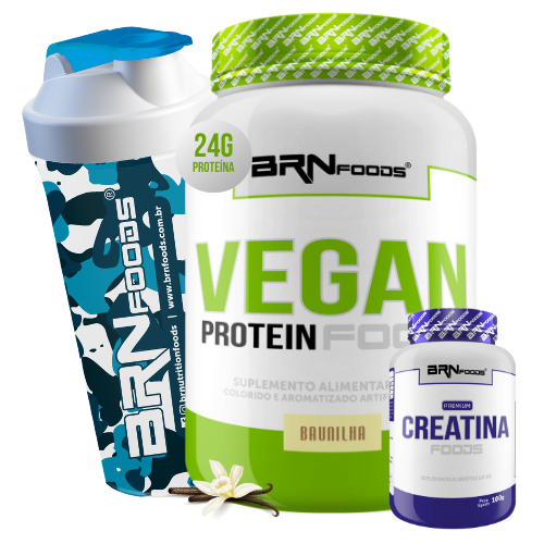 Kit Vegan Protein 2kg + Premium Creatina 100g + Coqueteleira - BRN Foods