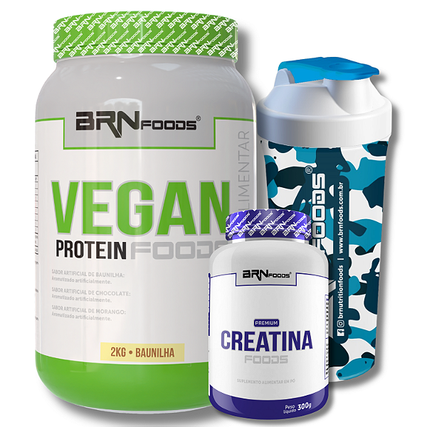 Kit Vegan Protein 2kg + Premium Creatina 300g + Coqueteleira - BRN Foods