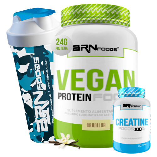 Kit Vegan Protein 2kg + Creatina 100% Pura 100g + Coqueteleira 600ml - BRN Foods